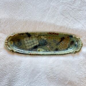 VTG Art Studio Pottery Handled Blue Green Glaze Tray Stamped 15.5”x5”x1” Texture